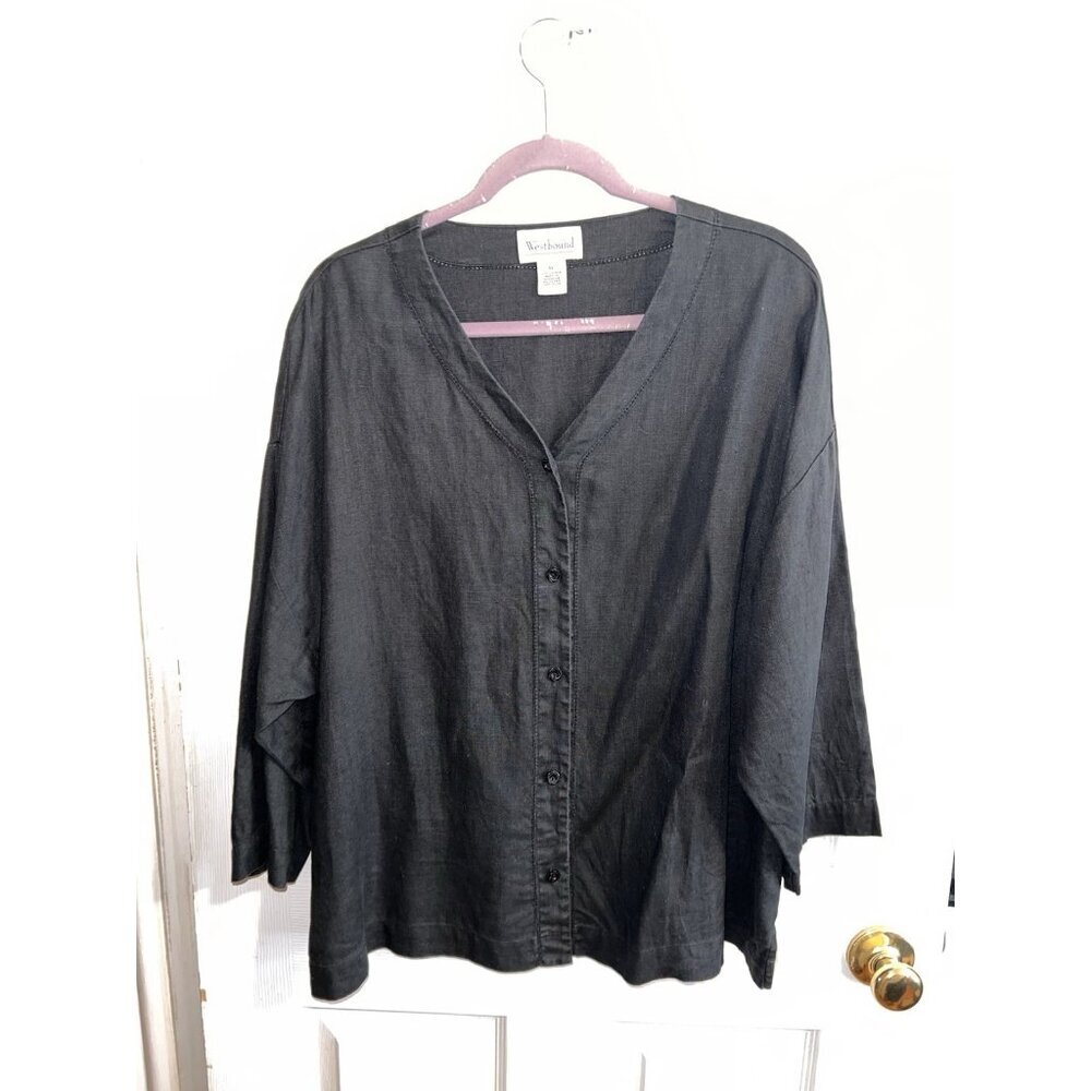 Westbound Black Linen Dolman Sleeve Button V-Neck Blouse Sz XL